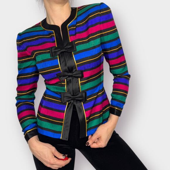 Vintage 80s Adrianna Papell Striped Blazer‎ with Bows - Picture 6 of 9